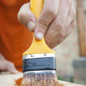 Painting the wooden boards for deck close up shot Outdoor portraits of carpenter working with wood. Shallow DOF. Developed from RAW; retouched with special care and attention; Small amount of grain added for best final impression. 16 bit Adobe RGB color profile.